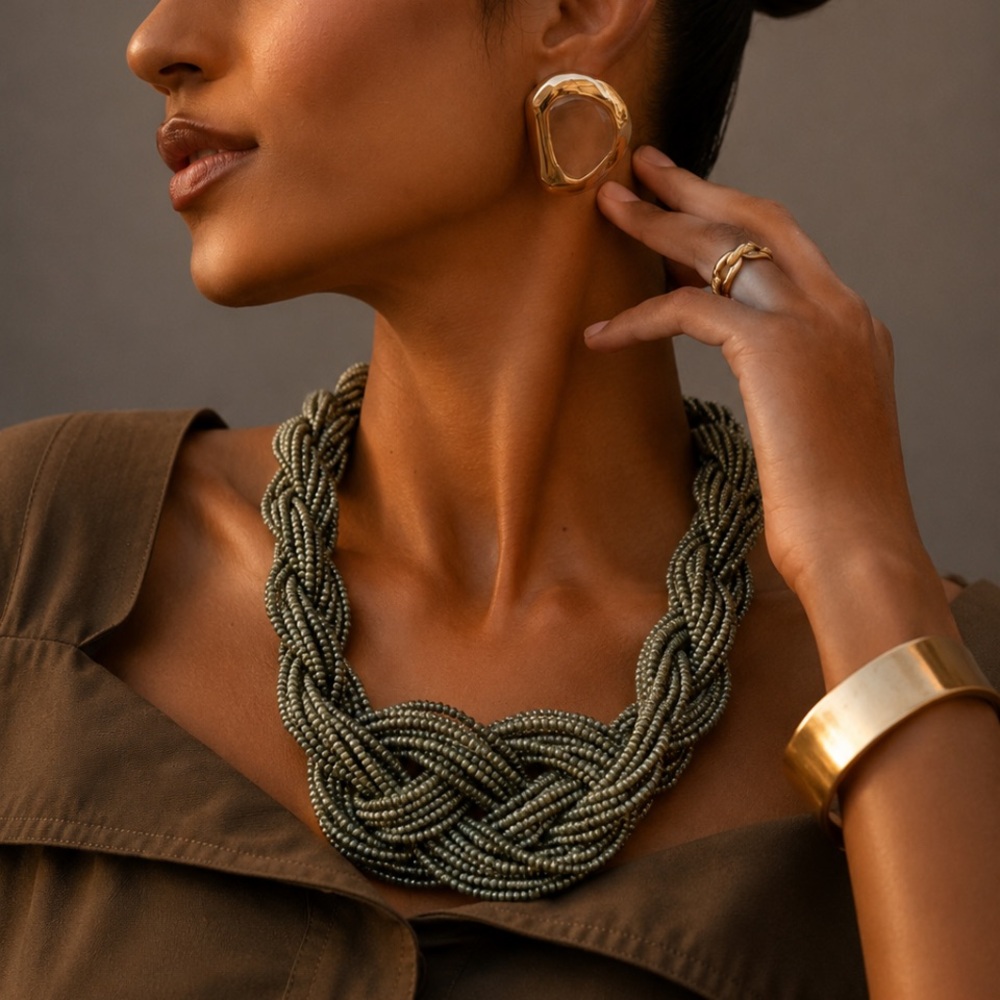 Braided Seed Bead Statement Necklace - Olive Green